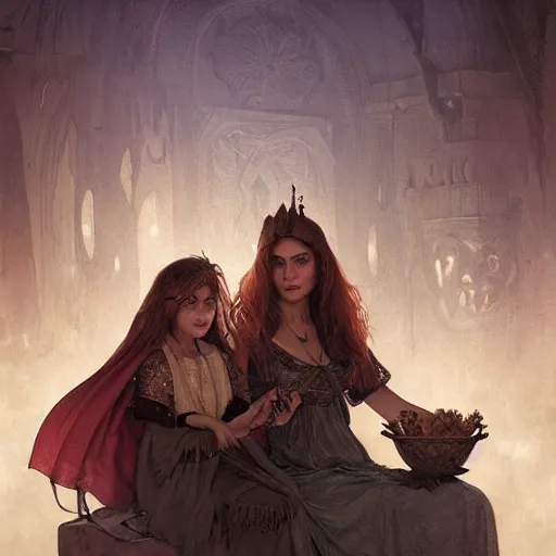 Image similar to a mesopotamian witch and her daughter buying and selling monster parts D&D, highly detailed, digital painting, artstation, concept art, sharp focus, illustration, cinematic lighting, art by artgerm and greg rutkowski and alphonse mucha