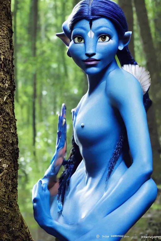 Prompt: a young woman dressed as a blue-skinned female navi from avatar standing in a forest, high resolution film still, 8k, HDR colors, cosplay, outdoor lighting, photo by bruce weber