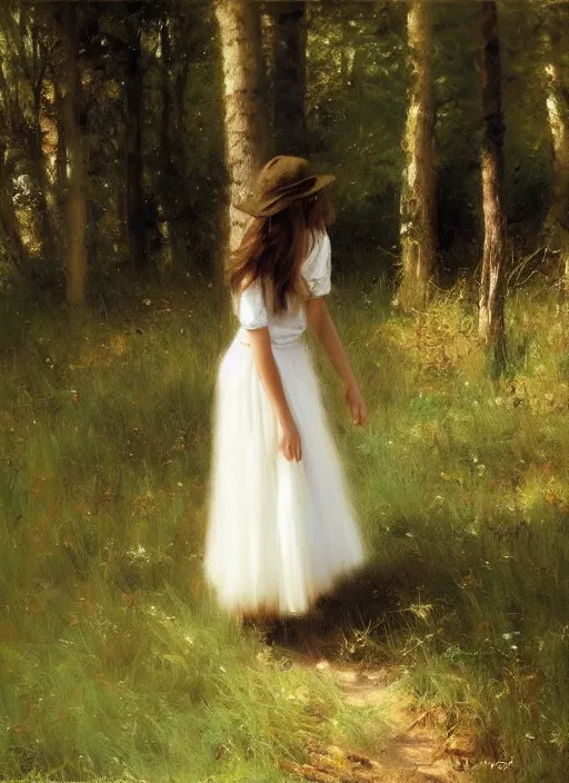 Image similar to A girl wearing a white skirt in the forest, by Vicente Romero Redondo