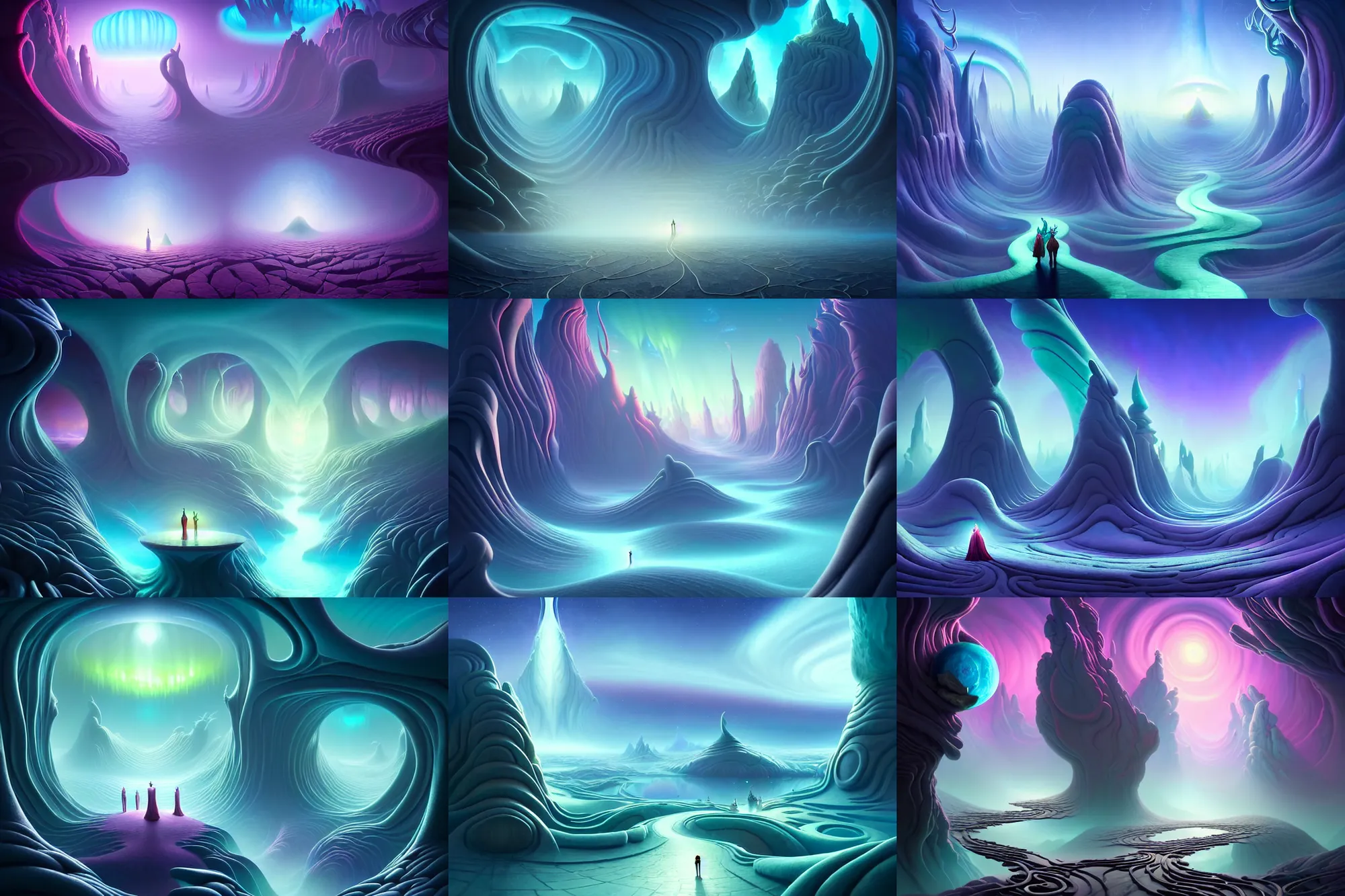 Prompt: a whimsical elite masterpiece mysterious sci - fi fantasy realism matte painting of a winding path through arctic dream worlds with surreal landscape and horizon inspired by heironymous bosch's garden of earthly delights, surreal ice interiors by asher durand and cyril rolando and natalie shau, insanely detailed and intricate, elegant, northern lights, synthwave, cyberpunk