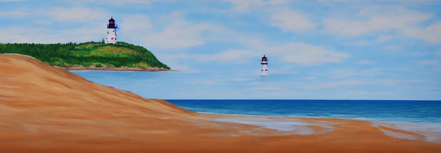 Image similar to super detailed acrylic painting of Prince Edward Island with ocean,a single lighthouse and sand dunes.