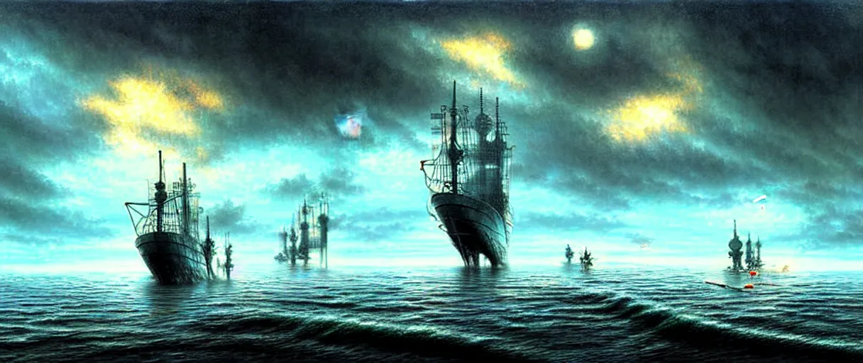 Image similar to cruising ship sailing at miniature megalopolis future, raining night at flooded miniature city, godrays, god helping mystic soul by yoshitaka amano, and artgerm, gediminas pranckevicius