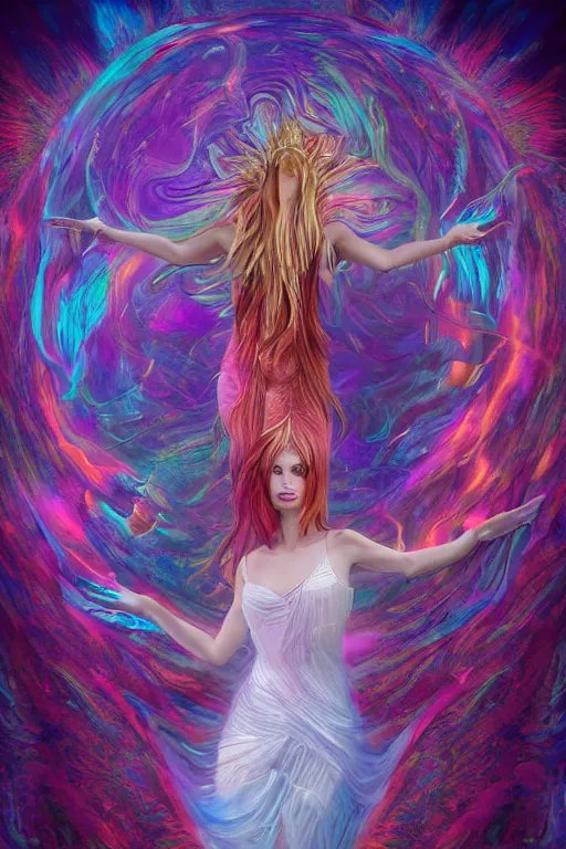 Image similar to overdetailed maximalist fullbody portrait of a beautiful female energy being transcending to her true form while floating over a surreal landscape. Made by oozium, inspired by silvio vieira, overpainted by loish. 8k 3d realistic render. Bright, sacred, spiritual, dawn, backlit, calm, relaxed, dynamic, ethereal, arcane, intricate, mysterious, dramatic, cinematic. Seen from below. Overpaint by phazed