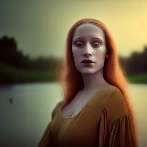 Image similar to photographic portrait of a stunningly beautiful english clairvoyant renaissance female in soft dreamy light at sunset, beside the river, soft focus, contemporary fashion shoot, in a denis villeneuve and tim burton movie, by edward robert hughes, annie leibovitz and steve mccurry, david lazar, jimmy nelsson, extremely detailed, breathtaking, hyperrealistic, perfect face, octane render