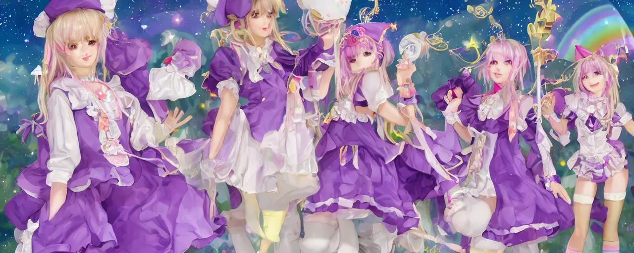 Prompt: A character sheet of full body cute magical girls with short blond hair wearing an oversized purple Beret, Purple overall shorts, Short Puffy pants made of silk, pointy jester shoes, a big billowy scarf, and white leggings. Rainbow accessories all over. Fancy Dress, Lolita Fashion, Golden Ribbon, Flowing fabric. Covered in stars. Short Hair. Art by william-adolphe bouguereau and Paul Delaroche and Alexandre Cabanel and Lawrence Alma-Tadema and Johannes Helgeson and WLOP and Artgerm and Shoichi Aoki. Fashion Photography. Decora Fashion. harajuku street fashion. Kawaii Design. Intricate, elegant, Highly Detailed. Smooth, Sharp Focus, Illustration Photo real. realistic. Hyper Realistic. Sunlit. Moonlight. Dreamlike. Fantasy Concept Art. Surrounded by clouds. 4K. UHD. Denoise.