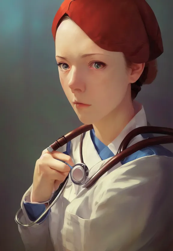 Prompt: a portrait of a tired female nurse in world war 2, 1 9 4 0 setting, vivid colors, soft lighting, atmospheric, cinematic, moody, in the style of ilya kuvshinov and range murata, krenz cushart, rule of thirds, oil on canvas, 8 k