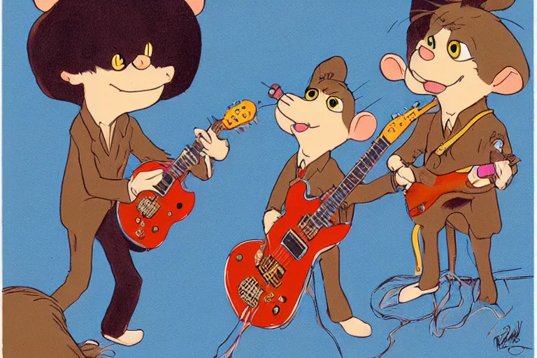 Image similar to mice playing in a rock band dressed as the beatles, beautiful, dreamlike, wholesome, ghibli and disney animation, sharp, intricated, art by ken anderson and mel shaw, 7 0 s, dramatic lighting, brown palette,