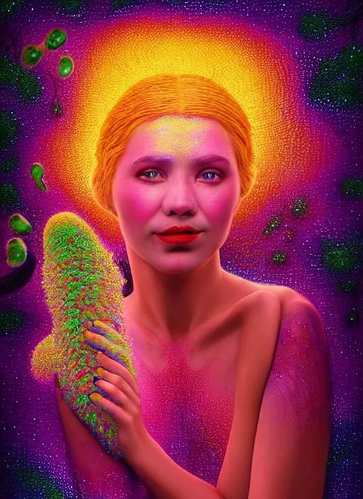 Prompt: hyper detailed 3d render like a Oil painting - Aurora (Singer) looking adorable and seen joyfully Eating of the Strangling network of yellowcake aerochrome cracks and milky Fruit and Her delicate Hands hold of gossamer polyp blossoms bring iridescent fungal flowers whose spores black the foolish stars to her adorable smirking mouth by Jacek Yerka, Mariusz Lewandowski, Houdini algorithmic generative render, Abstract brush strokes, Masterpiece, Edward Hopper and James Gilleard, Zdzislaw Beksinski, Mark Ryden, Wolfgang Lettl, hints of Yayoi Kasuma, octane render, 8k