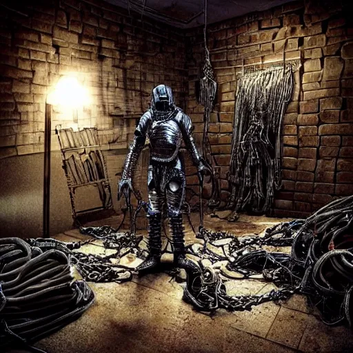 Prompt: “a photo of a kneeling evil disgusting mummy knight mutant in full armor wrapped in cables and chains in front of a laptop computer. The knight is in the center of a dark filthy dirty room filled with server racks and server cables hanging everywhere. The ground of the room is littered and covered with garbage and trash everywhere. It is dark and there are no lights. Cursed image. David Cronenberg style. David lunch style. Troma style. 35mm film.”