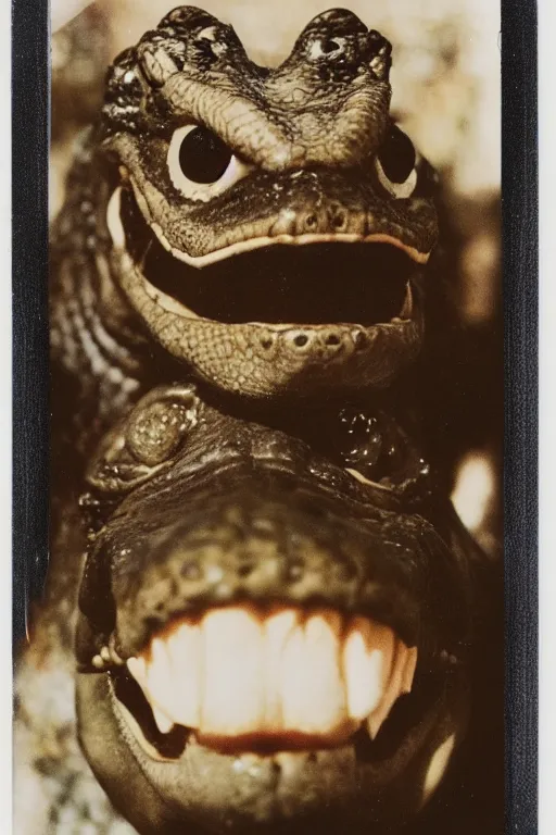 Image similar to a beautiful polaroid of a crocodile headed god