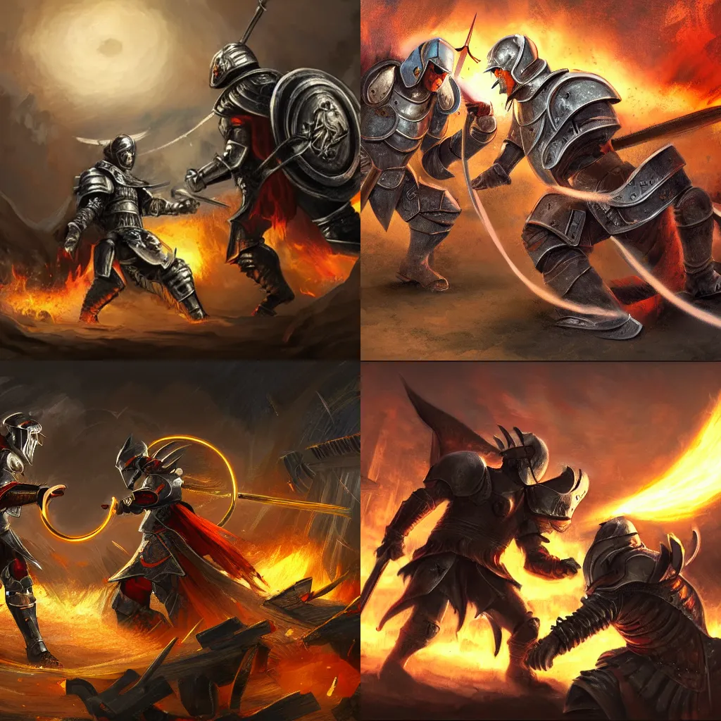 Prompt: concept art of two men in armor battling each other surrounded by a ring of fire, medieval fantasy,