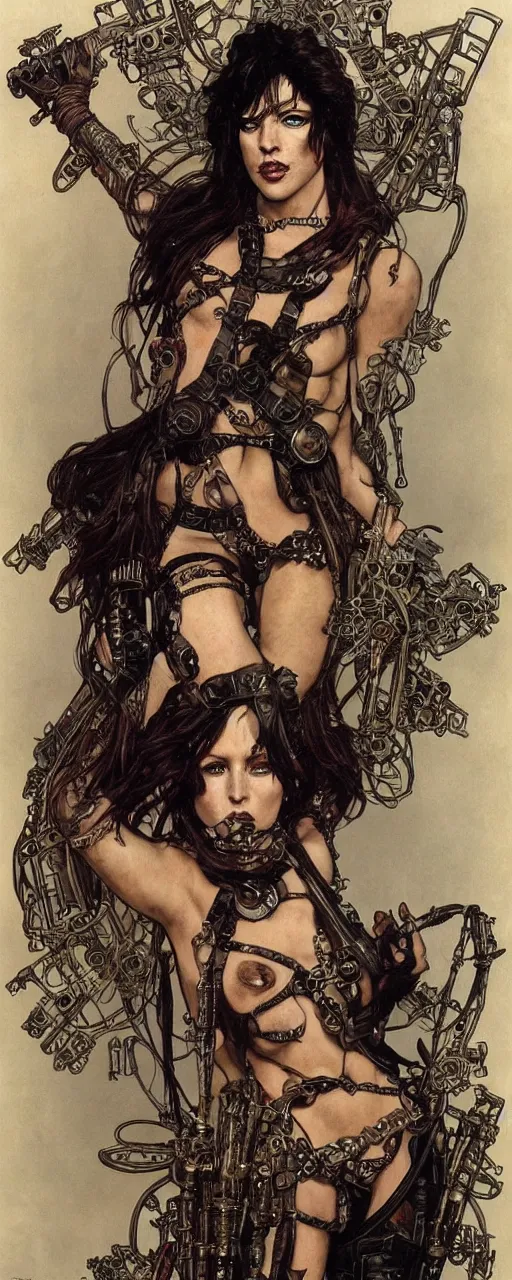 Image similar to striking sensual gorgeous crustpunk art nouveau portrait of cristina ricci as an ironpunk heavy metal rebel soldier by travis charest, simon bisley and alphonse mucha, photorealism, extremely hyperdetailed, perfect symmetrical facial features, perfect anatomy, ornate declotage, excited expression, wild eyes