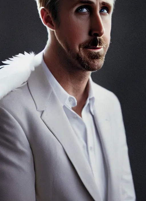 Image similar to portrait of ryan gosling with a long neck a beak and white feathers, white feather suit, natural light, sharp, detailed face, magazine, press, photo, steve mccurry, david lazar, canon, nikon, focus