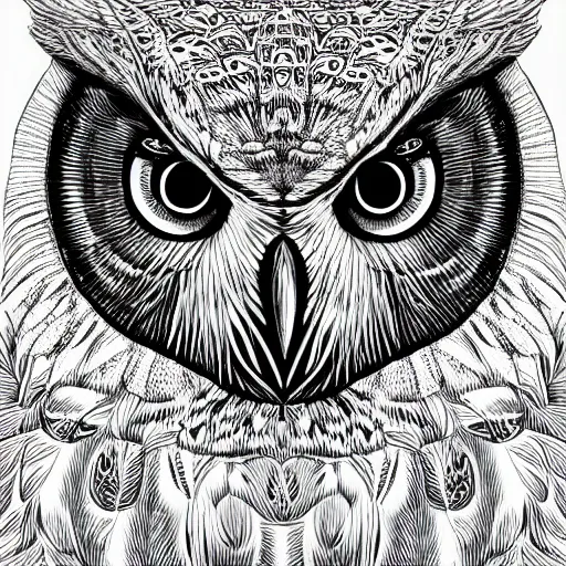 Prompt: black and white illustration head of a owl, super detailed, by arkley, howard, high contrast