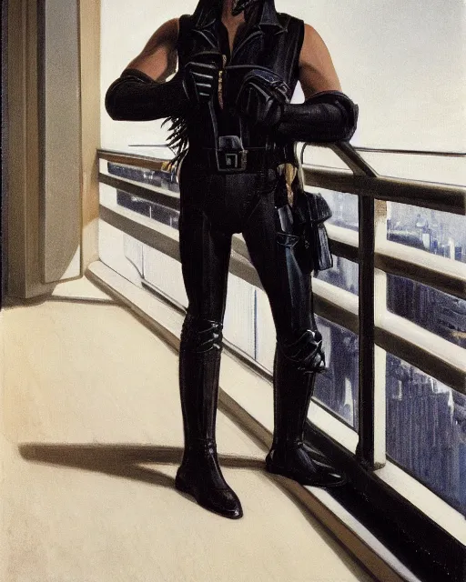 Prompt: rhett sarlin leaning against the rail on a balcony on coruscant, very long black hair brought back into a ponytail, black leather vest, portrait by ralph mcquarrie