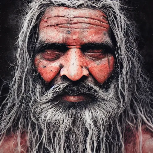 Image similar to realistic exposed polaroid film portrait of aghori sadhu covered in ash, hyperrealism, hypermaxiymalism, photorealistic, detailed, atmospheric, 8 k, award winning photography, cinematic