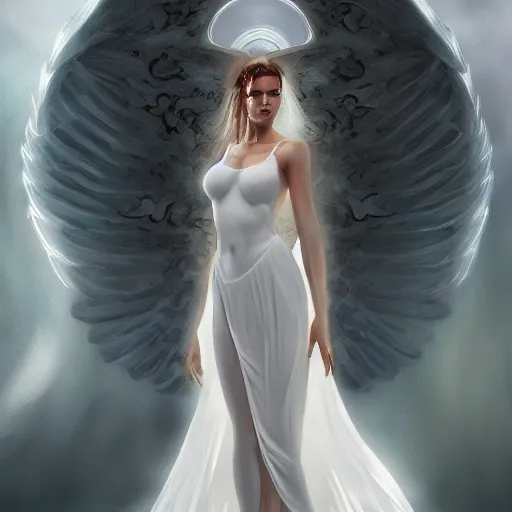 Image similar to a female angel of mercy wearing see through white long dress by michael komarck, olive skinned, sumerian, d & d, highly detailed, digital painting, artstation, concept art, sharp focus, illustration, cinematic lighting