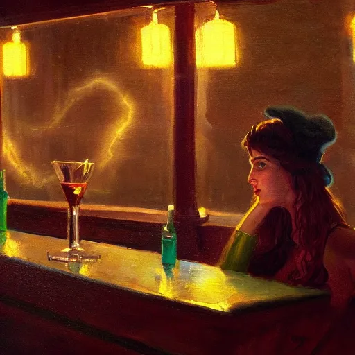 Image similar to a painting of a female drunk in a bar. by randolph hewton and edward robert hughes. trending on artstation, highly detailed, volumetric lightning, cinematic lightning