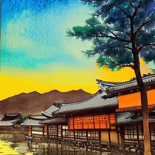 Prompt: A stunning water color painting of a traditional japanese village in the mountains at sunset by Alayna Danner