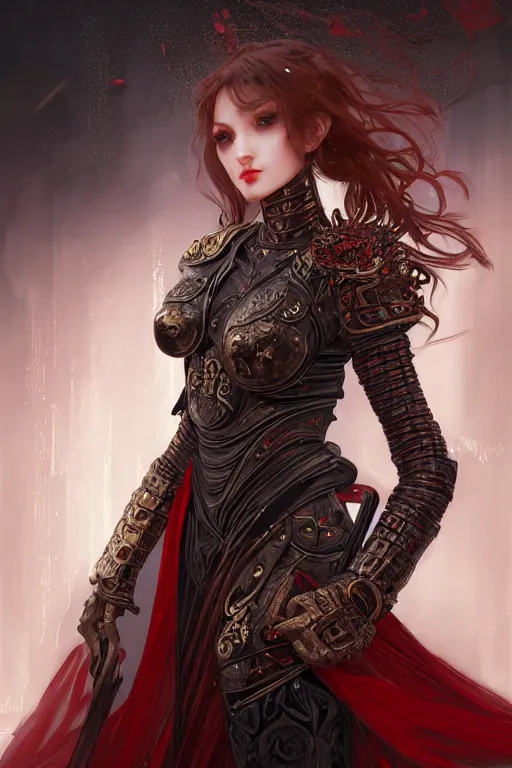 Prompt: portrait knights of Zodiac girl+smoky eyes, black fire red color reflected armor, in ruined Agora of Athens rainy night, ssci-fi and fantasy, intricate and very very beautiful and elegant, highly detailed, digital painting, artstation, concept art, smooth and sharp focus, illustration, art by tian zi and WLOP and alphonse mucha