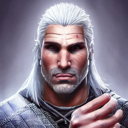 Prompt: card art of smirking Geralt of Rivia making a grilled cheese sandwich, character design, realistic face, symmetrical face, digital painting, anime visual style, game art, matte, dramatic lighting, tonemapping, highly detailed, sharp focus, realism, vibrant colors, ArtStation, trending on ArtStation, DeviantArt, Zeronis