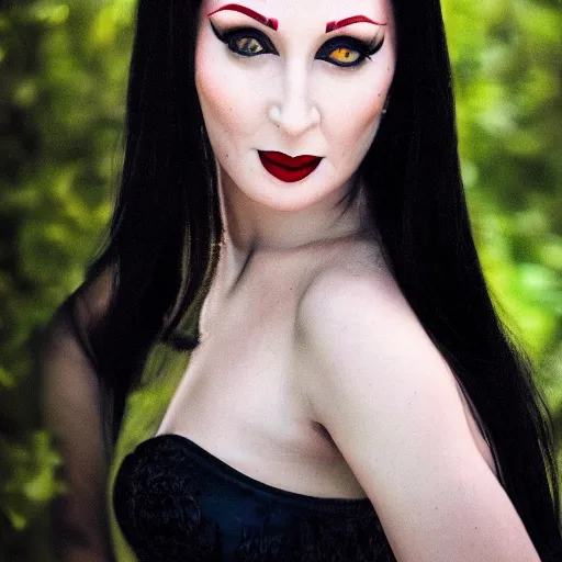 Image similar to dslr portrait photo of morticia addams, f 2. 8, iso 4 0 0,, 4 k, photorealistic, cinematic, masterpiece,