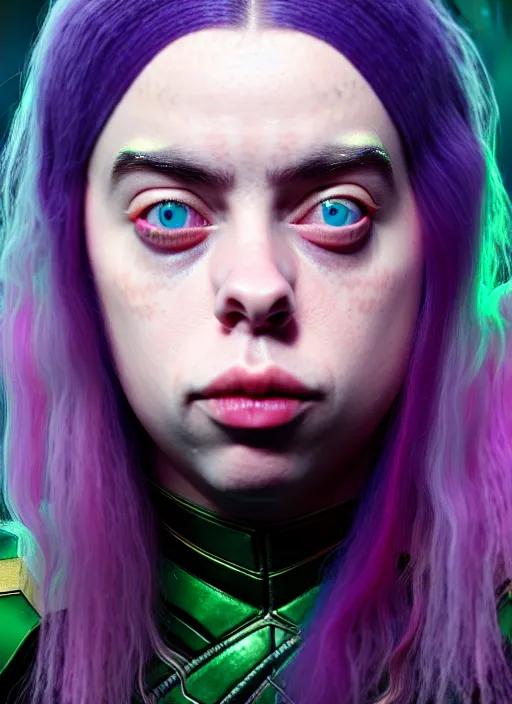 Image similar to Billie Eilish as Female Loki, beautiful facial symmetry, rose pink skin color, hyper realistic, hyper detail, very detailed, digital art, trending on artstation, smooth render, 8k octane render, digital illustration, by Katsuhiro Otomo and Shigeru Miyamoto