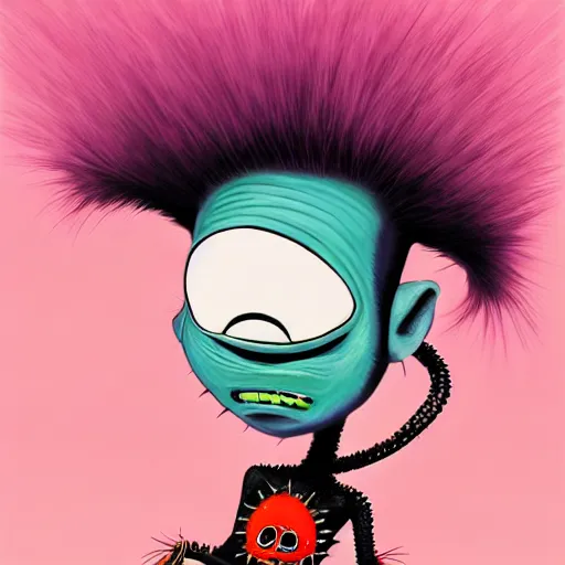 Image similar to a pink punk rock alien with black spiked hair, an airbrush painting by Jamie Hewlett, cgsociety, symbolism, antichrist, aesthetic, 8k