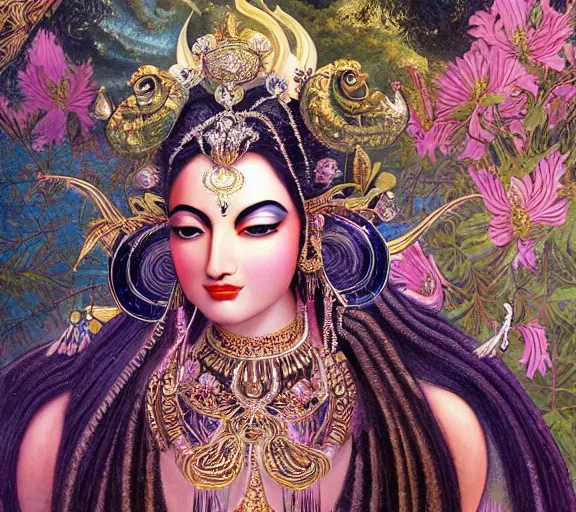 Image similar to breathtaking detailed concept art painting art deco pattern a beautiful devi goddess with shinny skin on sitted on an intricate metal throne, hands pressed together in bow, light - flowers with kind piercing eyes and blend of flowers and pearls, by hsiao - ron cheng and john james audubon, bizarre compositions, exquisite detail, extremely moody lighting, 8 k h 1 0 2 4