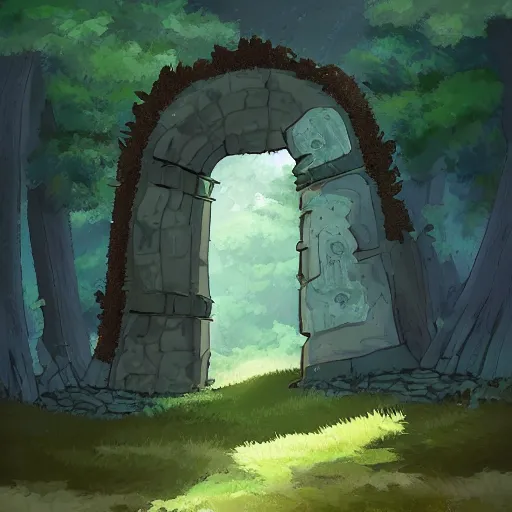 Prompt: a portal in ruins. in a landscape like forest. in the style of studio ghibli