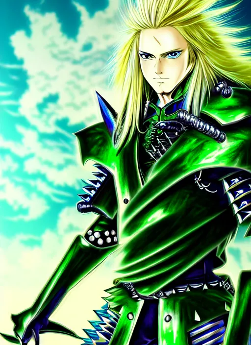 Prompt: a detailed anime full body portrait of a male warrior with long blonde hair and blue eyes wearing evil green spiked cyberpunk armour by hirohiko araki, detailed artwork, realism, 4 k resolution, detailed, high quality, sharp focus, hq artwork, insane detail, volumetric lighting, character concept art, fine details, clear subject, central subject