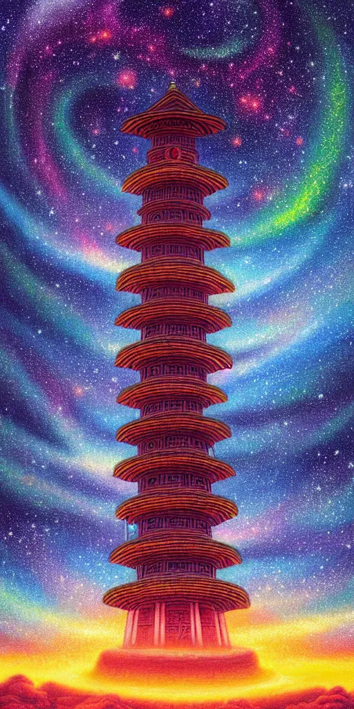 Image similar to a landscape pastel in the style of noriyoshi ohrai of an ancient holy tower, it has iridescent mana radiating from it. it is centered. the background is the starry sky at night. key art. 4 k retrofuturistic fantasy