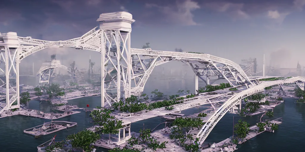 Prompt: explosions in the form of realistic white cotton plants on harbour bridge, huge white cotton everywhere on the destroyed harbour bridge, smooth, sharp focus, highly detailed, 3 d octane render, epic lighting, lots of white cotton, 8 k, by greg rutkowski