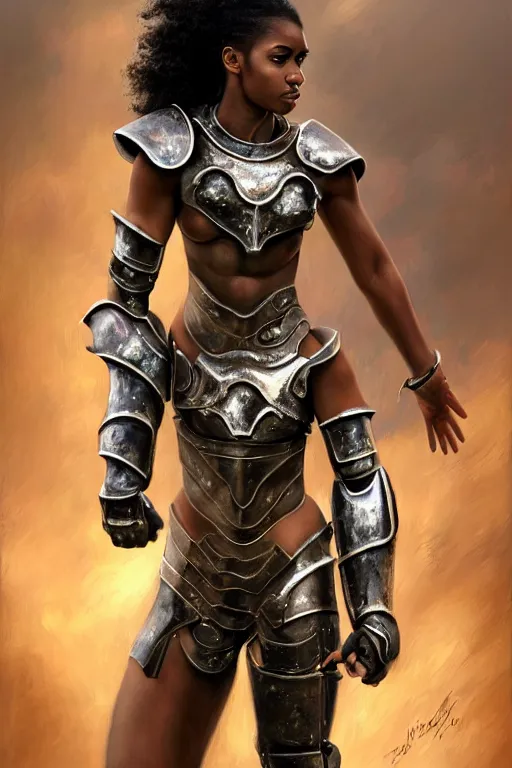 Image similar to a photorealistically painted portrait of an attractive young black girl, partially clothed in metal-plated battle armor, with an abstractly painted background, flawless olive skin, fair complexion, long dark hair, beautiful bone structure, perfectly symmetric facial features, perfect photorealistic eyes, natural physique, intricate, elegant, digital painting, concept art, finely detailed, beautifully illustrated, sharp focus, minimal artifacts, volumetric lighting, from DOOM and Halo, by Ruan Jia and Mandy Jurgens and Artgerm and William-Adolphe Bouguerea, in the style of Greg Rutkowski, trending on Artstation, award winning art