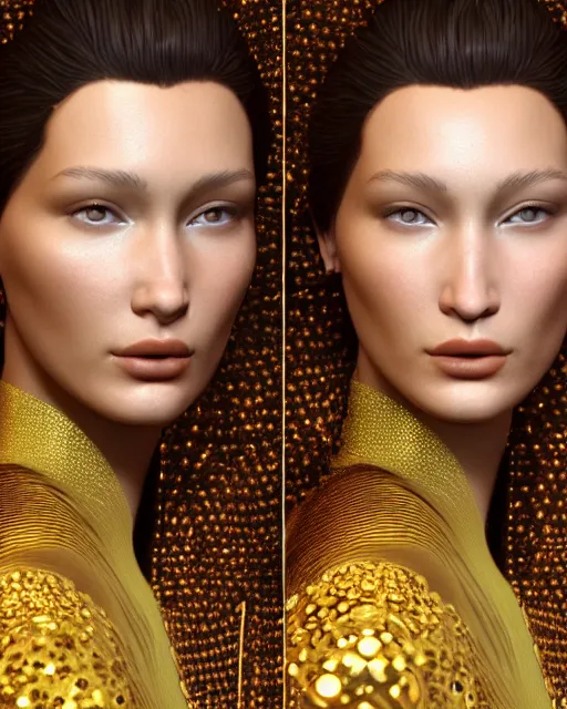 Image similar to a highly detailed metahuman 8 k close up render of bella hadid in gustav klimt style trending on artstation made in unreal engine 4