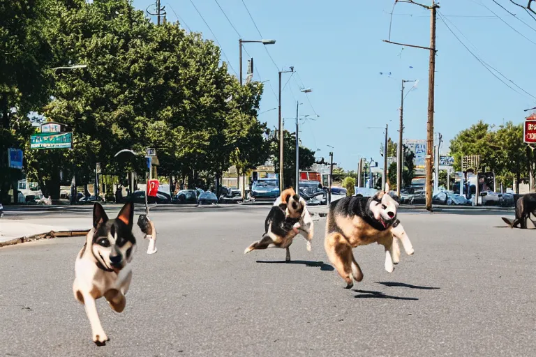 Image similar to dogs running down the street chasing the post office vehicle, wide shot, side viewpoint