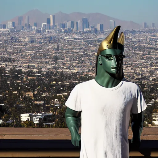 Prompt: a portrait of a statue of the Egyptian god Anubis wearing aviator goggles, white t-shirt and leather jacket. The city of Los Angeles is in the background. hi-res dslr photograph