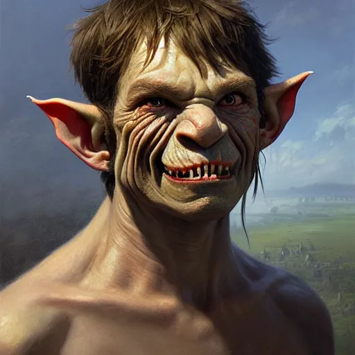 Prompt: Facial portrait handsome goblin, looking at the camera, slight awkward smile, lips slightly parted, no hands visible, blushing, intricate, extremely detailed painting by Greg Rutkowski and by Henry Justice Ford and by Steve Henderson