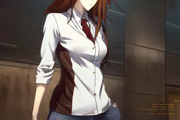 Prompt: a hyperrealistic render of Makise Kurisu from Steins;Gate, white shirt and brown jacket, Nitroplus visual novel 2009 screenshot, by Artgerm,Greg Rutkowski,Alphonse Mucha, Beautiful dynamic lighting,shadows,cinematic atmosphere,Artstation,concept design art,Octane render,8K