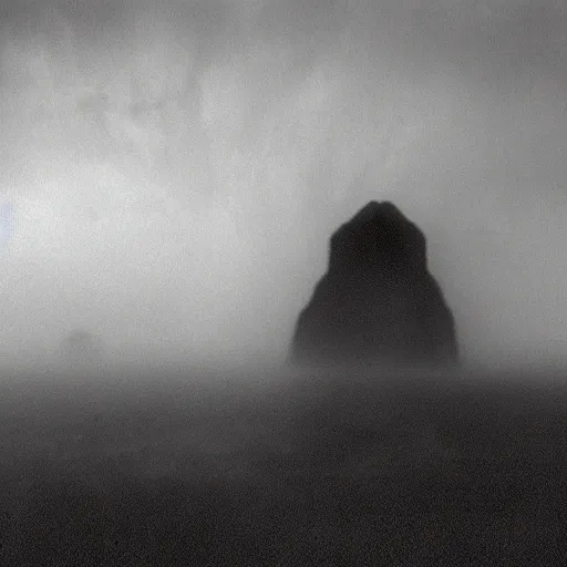 Image similar to old black and white photo of a distant giant monster peeking through the fog, creepy, scary, surreal,