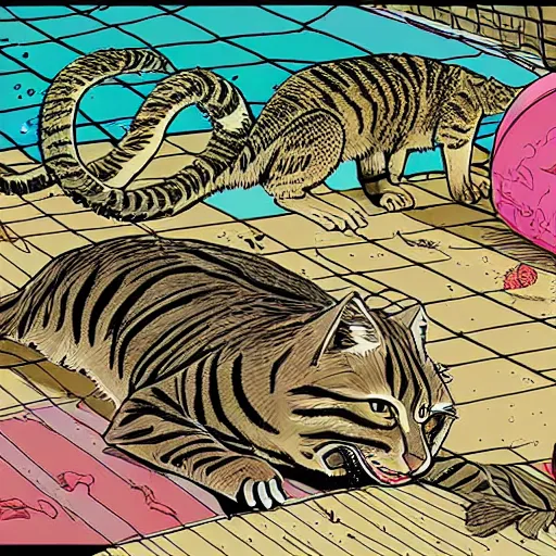 Prompt: tabby cat alligator pool “ geoff darrow ” production art