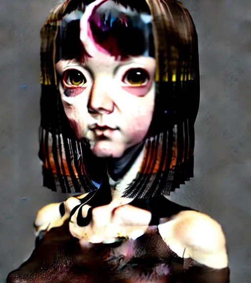 Prompt: girl with morbid thoughts wearing a black spring dress with short brown hair, queen of sharp needles and under the effect of psychosis, by Range Murata, Katsuhiro Otomo, Yoshitaka Amano, and Artgerm. 3D shadowing effect, 8K resolution.