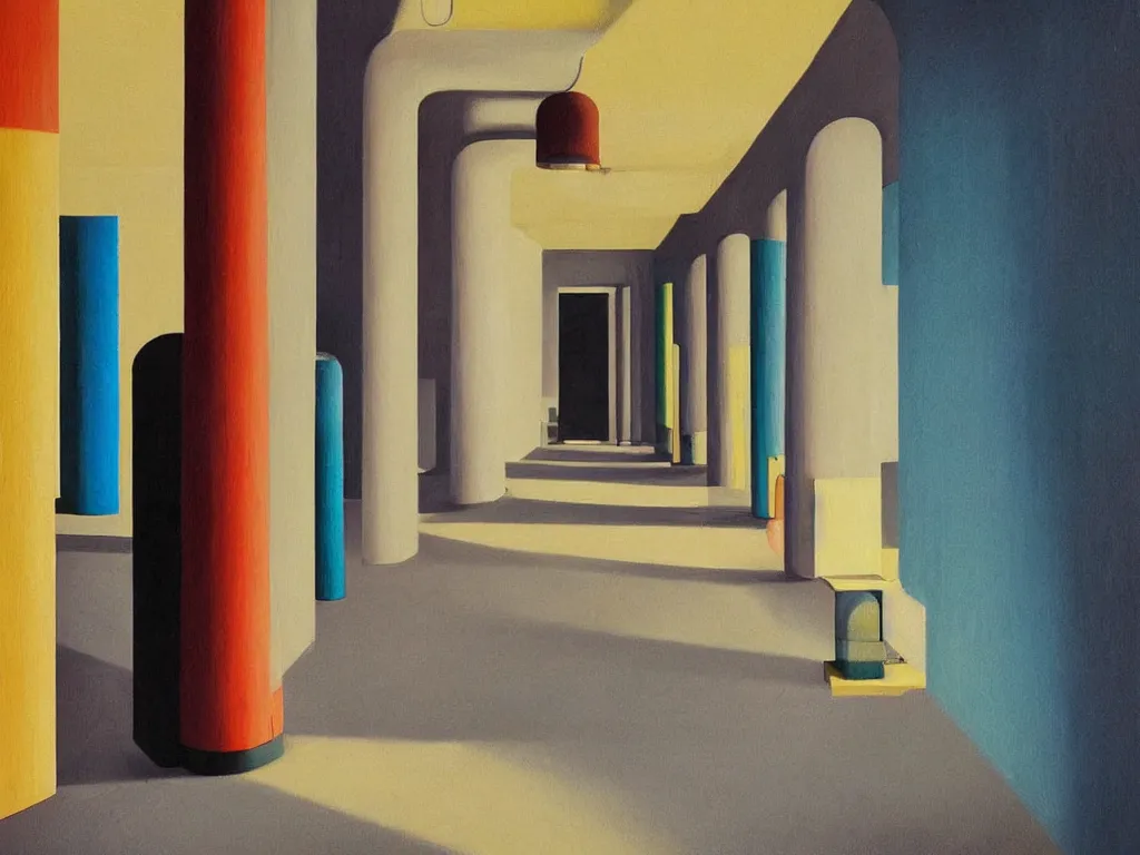 Prompt: colorful minimalist industrial interior hallway with monolithic pillars in the style of ridley scott and stanley kubrick, impossible stijl architecture, lone silhouette in the distance, ultra view angle view, realistic detailed painting by edward hopper