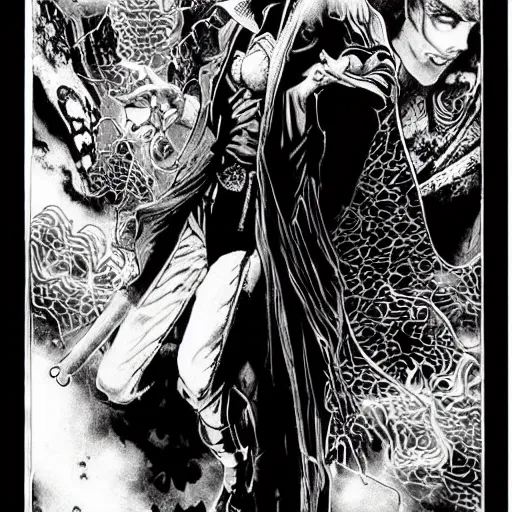 Prompt: pen and ink!!!! attractive 22 year old Dr. Strange Gantz monochrome!!!! Frank Zappa x Daniel Radcliff highly detailed manga Vagabond!!!! telepathic floating magic swordsman!!!! glides through a beautiful!!!!!!! battlefield magic the gathering dramatic esoteric!!!!!! pen and ink!!!!! illustrated in high detail!!!!!!!! graphic novel!!!!!!!!! by Hiroya Oku!!!!!!!!! MTG!!! award winning!!!! full closeup portrait!!!!! action manga panel