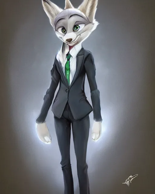 Image similar to full body oil painting of anthromorphic furry female wolf, in style of zootopia, female fursona, furry, furaffinity, 4 k, deviantart, furry art, fursona art, wearing black business suit, wearing black business suit, wolf fursona, female, very expressive detailed feminine face,