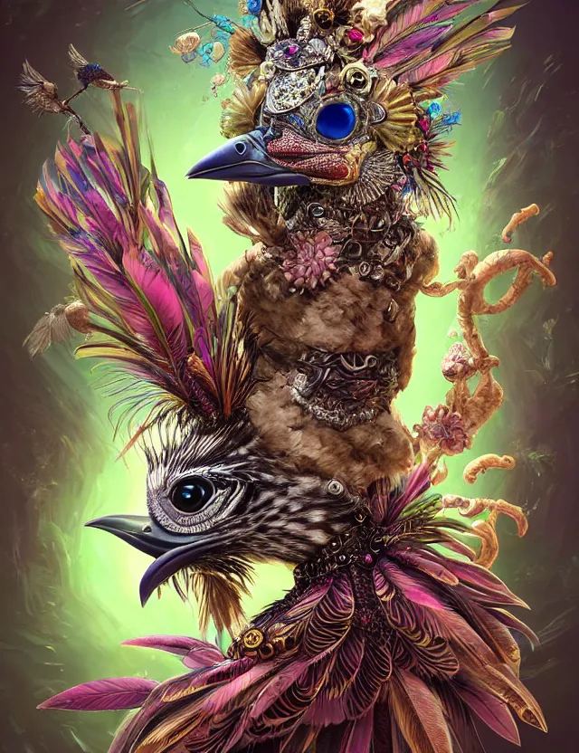 Image similar to 3 d goddess wide angle portrait with feathers, fur, and bones. beautiful intricately detailed avante garde kookaburra mask and retrowave sorceress outfit. lizard, reflective chitin, optical mineralogy, mycelium, mushrooms, plasma, creature, artwork by tooth wu and android jones wlop and android jones and beeple and greg rutkowski