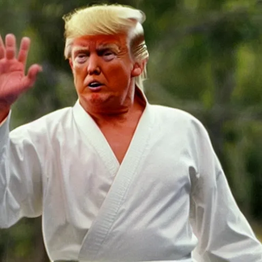 Image similar to still of donald trump as the karate kid, crane kick