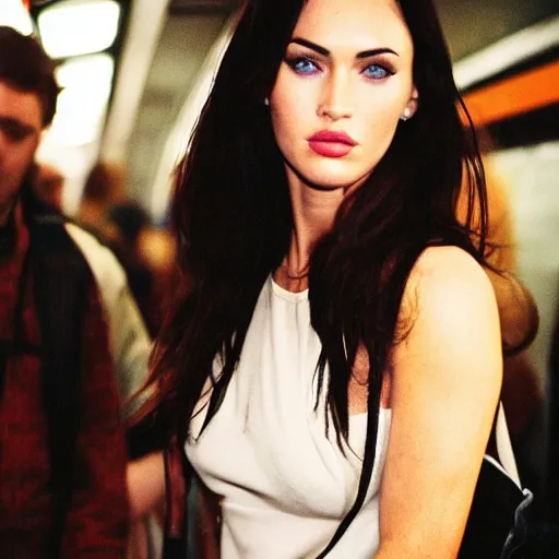 Image similar to fujifilm superia photo portrait of megan fox in the london subway, gloomy, grainy