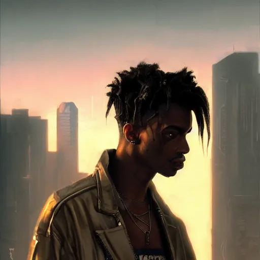 Image similar to cyberpunk, closeup portrait of a playboi carti, dramatic light, city background, sunset, dystopian setting, high contrast, sharp, neuromancer, henry dorsett case, painted by stanley lau, painted by greg rutkowski, painted by stanley artgerm, digital art, trending on artstation