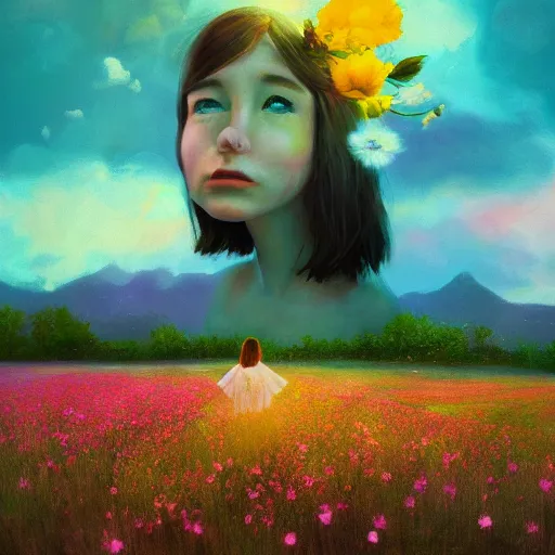 Image similar to girl with a flower face, surreal photography, dream, standing in flower field, magical, in a valley, sunrise dramatic light, impressionist painting, colorful clouds, artstation, simon stalenhag, flower face